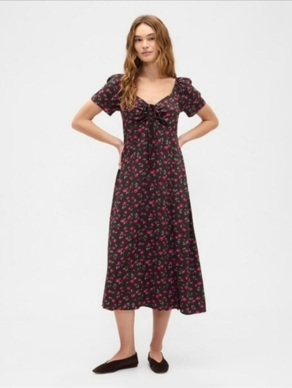 Gap Puff Sleeve Midi Dress Brown Floral NWT Small